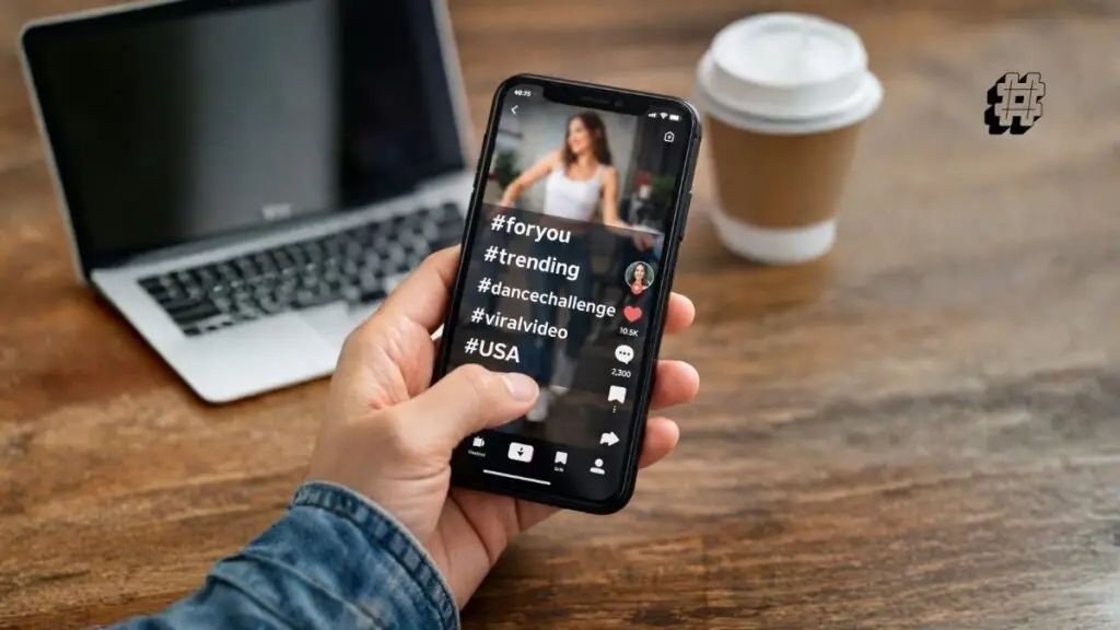 A user engaging with TikTok, showing relevant tags for increased visibility.