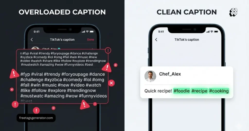 Overusing hashtags on TikTok versus a clean hashtag strategy