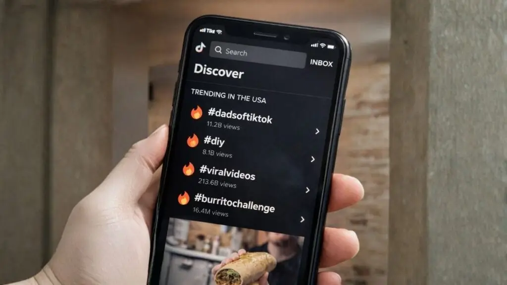 TikTok Discover page showing trending hashtags and their view counts, demonstrating how to find popular tags.