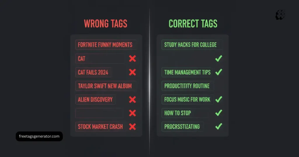 Wrong YouTube tags vs correct YouTube SEO tags example