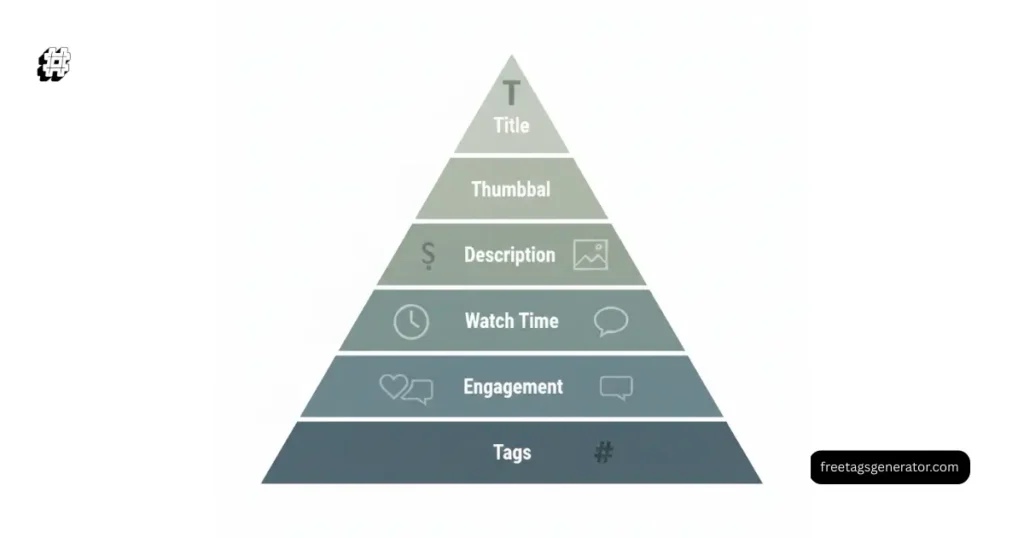 YouTube SEO priority pyramid showing where tags rank