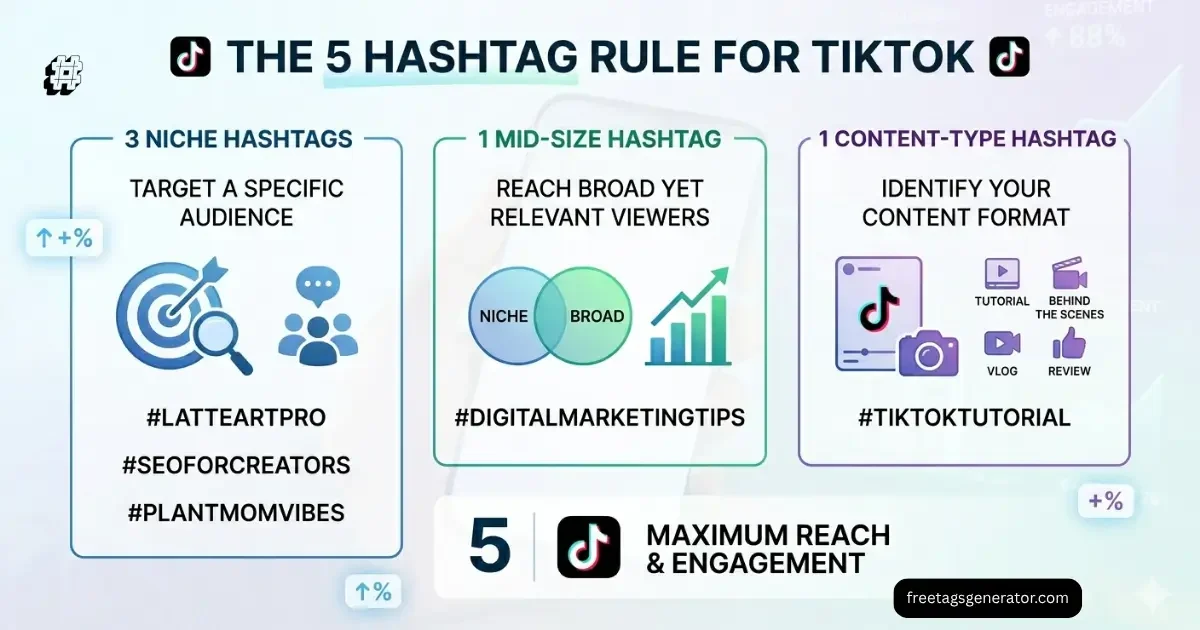 5 hashtag rule for TikTok SEO hashtags showing optimal hashtag mix for growth