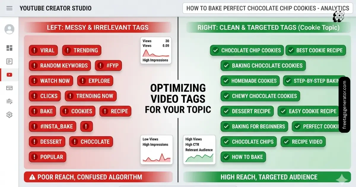 Comparison of bad YouTube tags vs correct tagging strategy for better video ranking