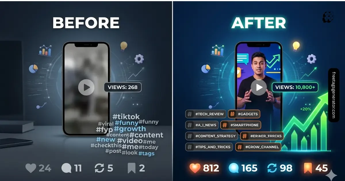 Before and after TikTok hashtag strategy showing improvement in views and engagement after fixing hashtag errors