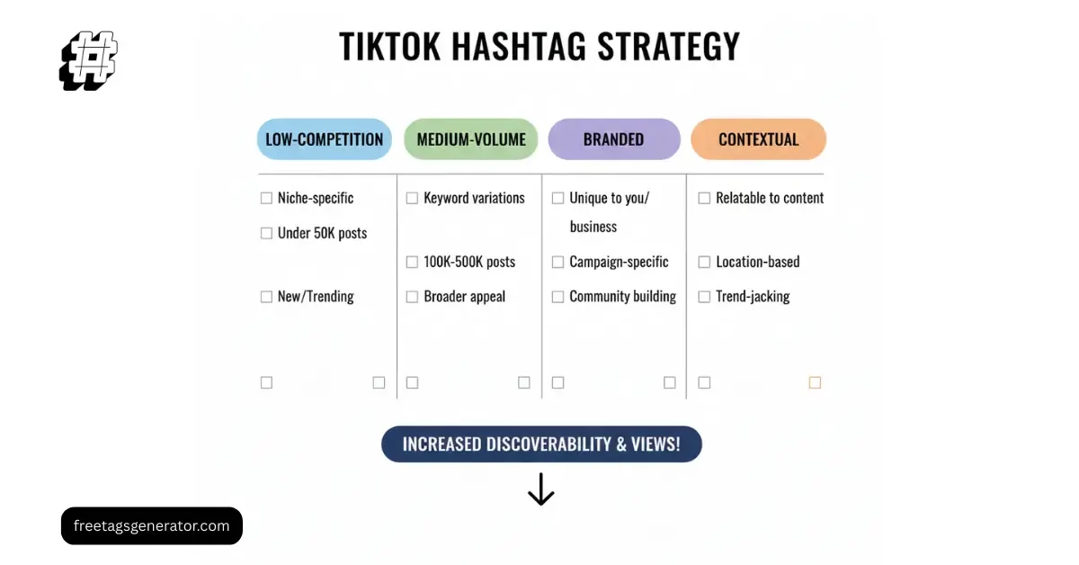 Checklist of ideal TikTok hashtag mix for growth in 2026 including low competition and branded tags