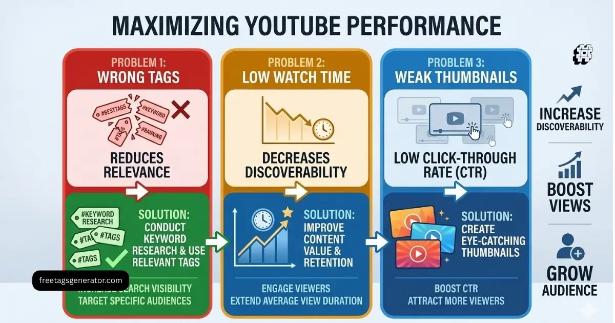 infographic showing common YouTube SEO mistakes such as wrong tags, poor titles, and low watch time affecting rankings