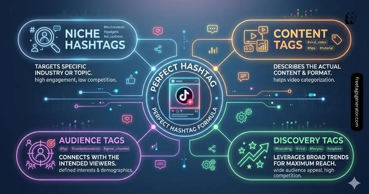 Simple TikTok hashtag strategy showing correct mix of niche, content, and discovery hashtags