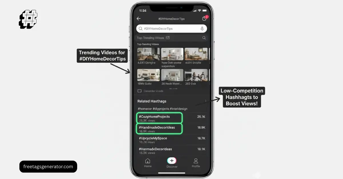 Example of low competition TikTok hashtags for 2026 shown in search results