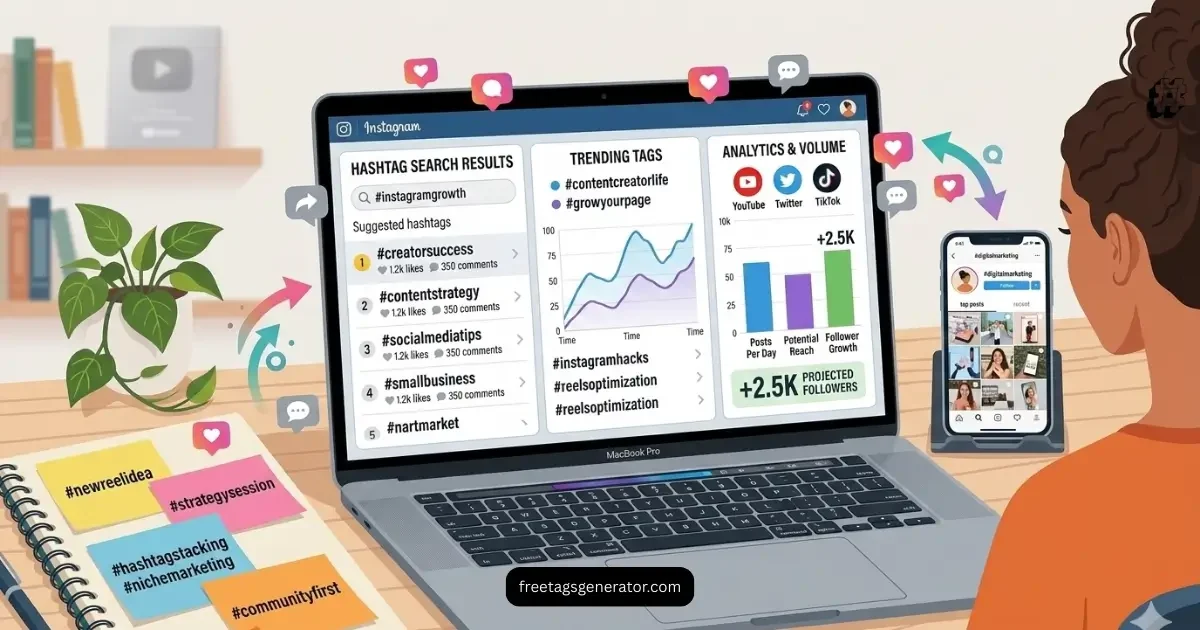 Researching Instagram hashtags for small pages using search tools.