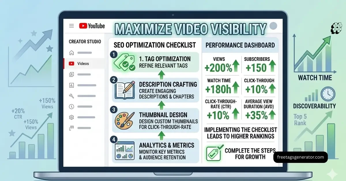 YouTube SEO optimization illustration showing correct tags, optimized descriptions, and ranking improvement arrows