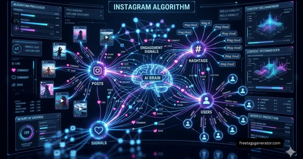 Instagram hashtags importance connected with algorithm and engagement signals visualization