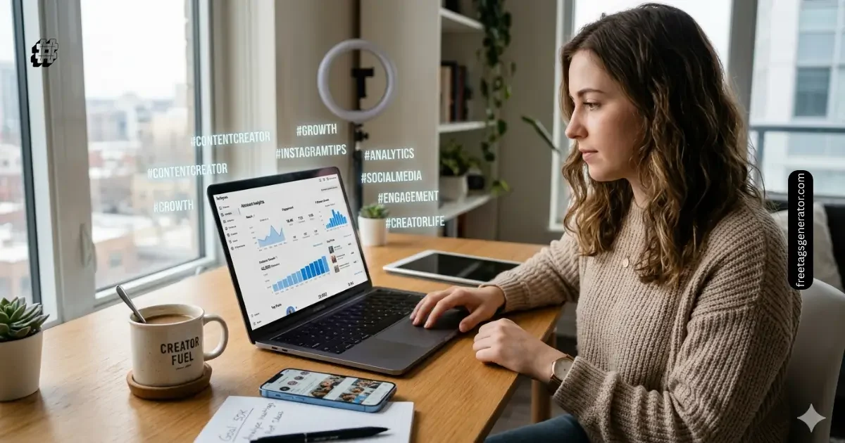 Instagram hashtags importance in 2026 shown through analytics dashboard and content creator workspace