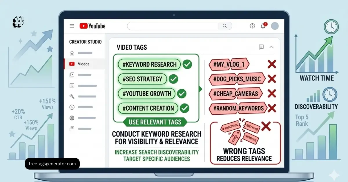 YouTube tag errors illustration showing irrelevant tags, overused tags, and SEO mistakes impacting rankings