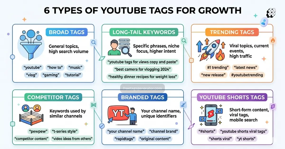 Different types of YouTube tags that boost views including long tail and trending tags