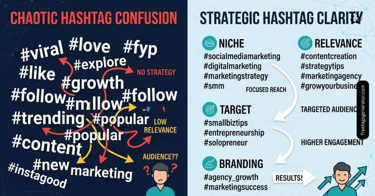 comparison of wrong Instagram hashtags vs structured hashtags strategy