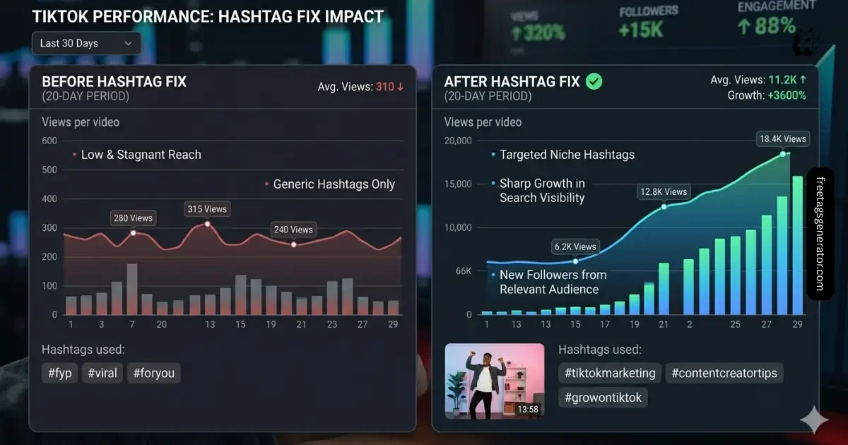 TikTok SEO hashtags case study showing growth from low views to high reach after optimization
