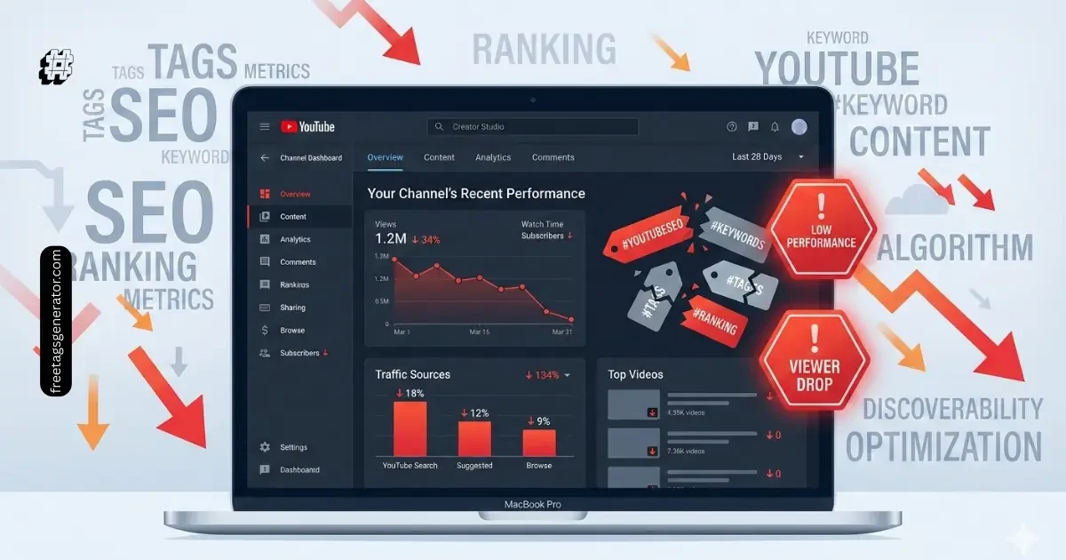 YouTube SEO mistakes illustration showing video tags, analytics graphs, and ranking errors affecting video growth in 2026