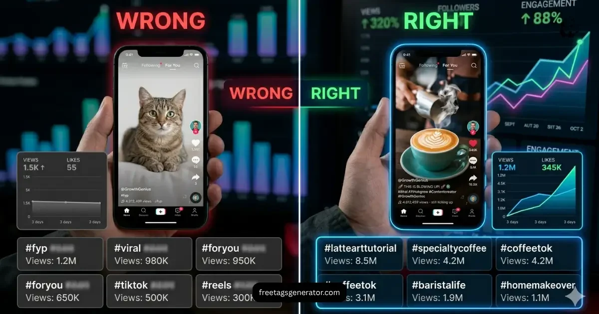 Comparison of bad vs good TikTok SEO hashtags showing impact on reach and engagement