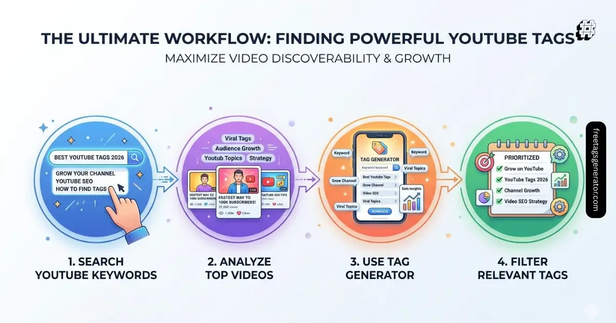 process of finding viral YouTube tags using search and tag generator tools